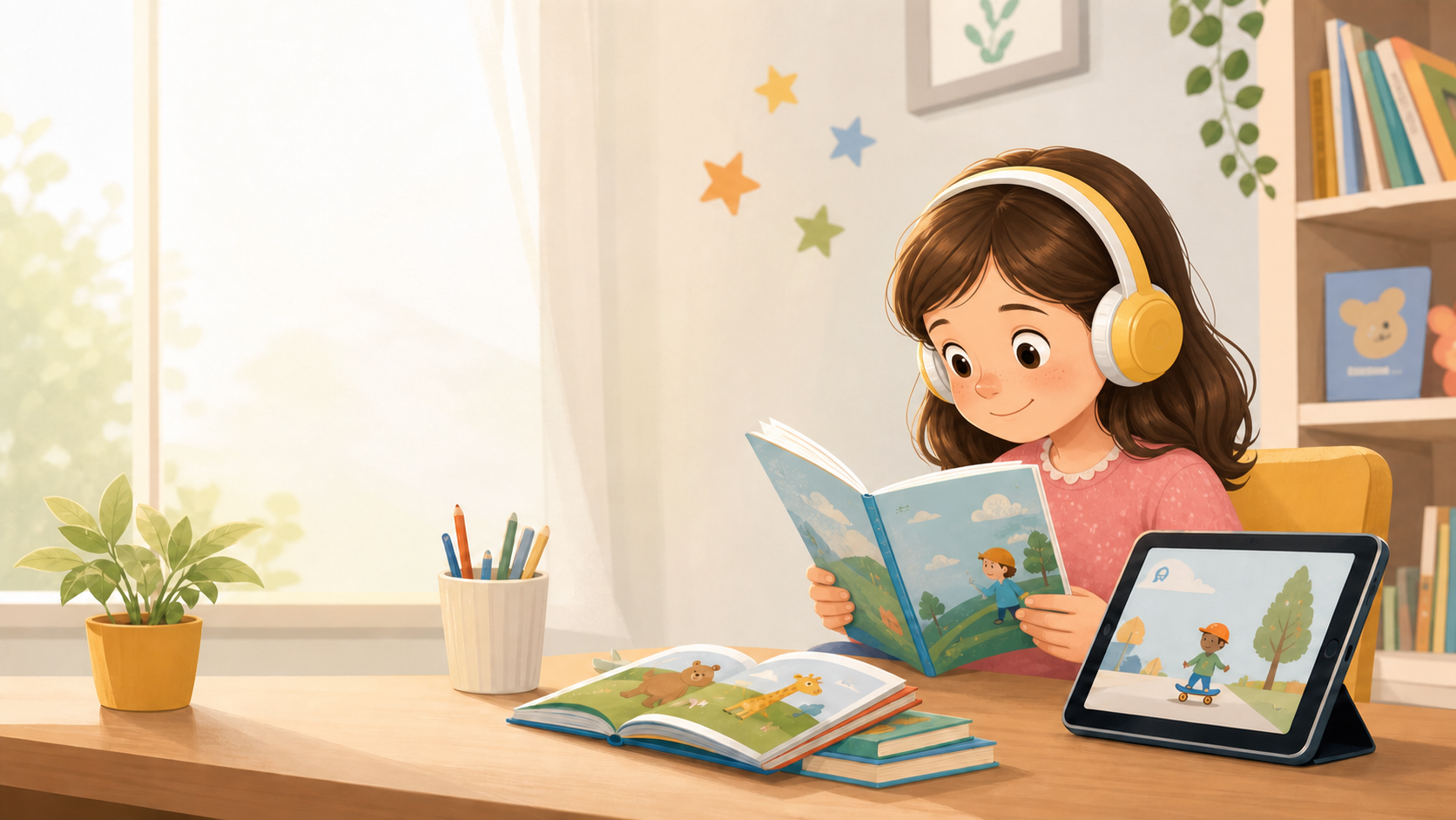 A child reading picture books in a home learning corner
